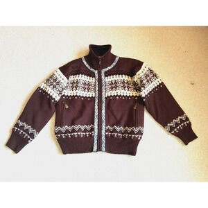 Womens Sweater/Jacket-WINDFJORD of NORWAY-brown/cream wool zip cardigan LINED-XS